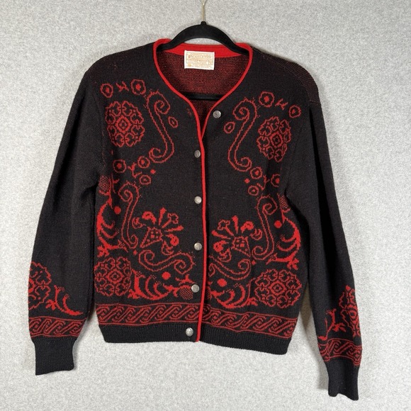 Pendleton Sweaters - Vintage Pendelton Womens Wool Black Red Nordic Button Cardigan Sweater Sz Small